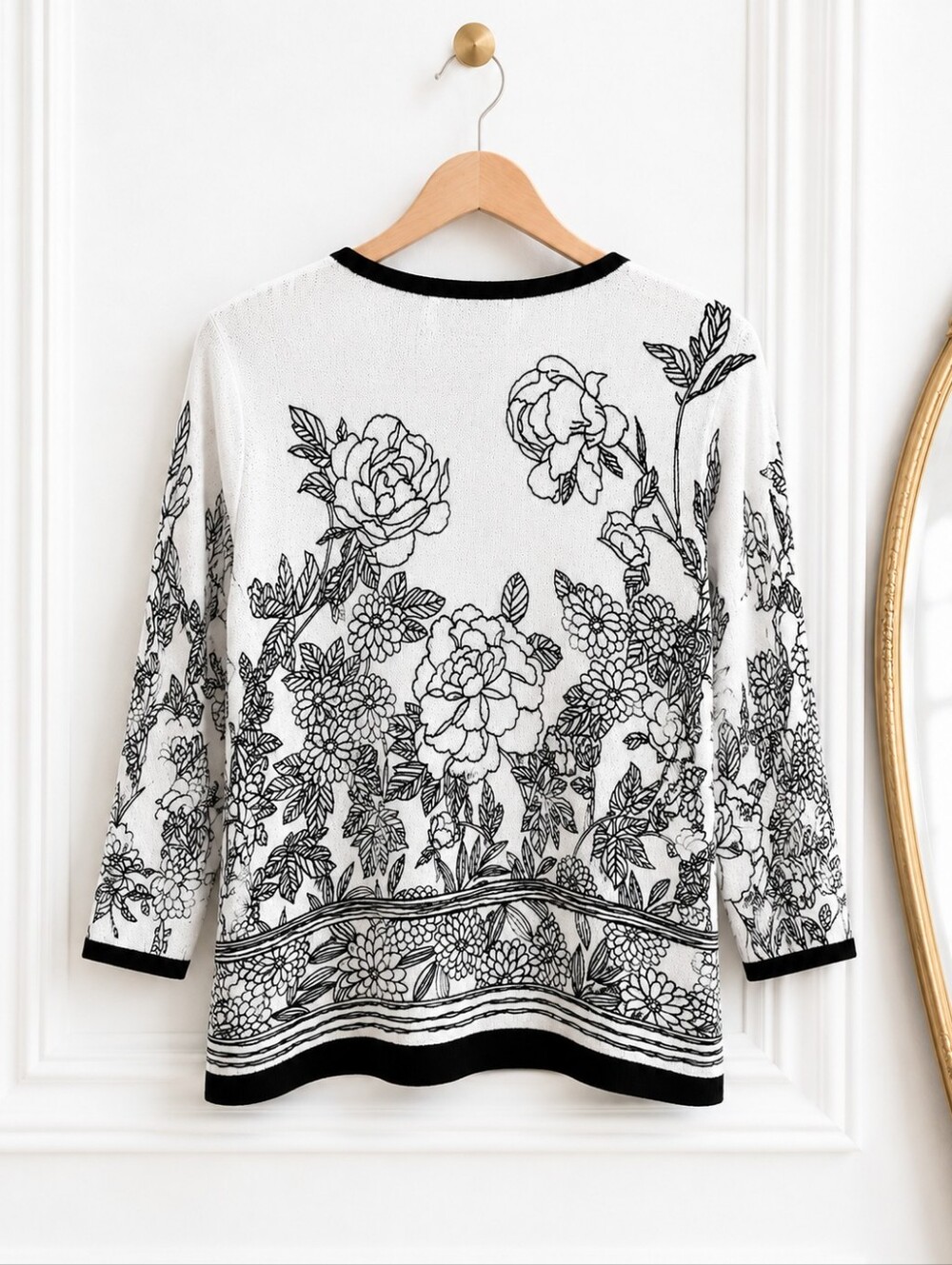 Cathy Daniels Floral Knit Sweater Size Large Black & White 3/4 Sleeve Lightweigh - Picture 6 of 8